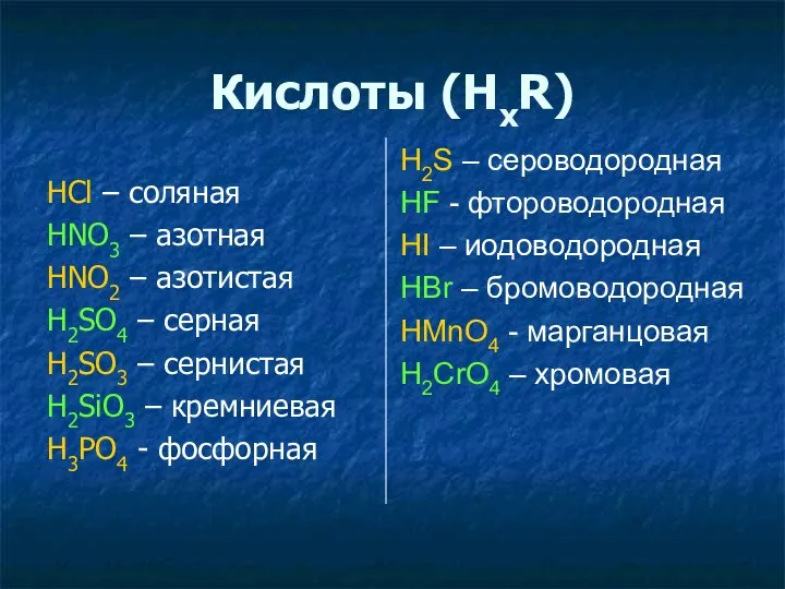 Кислоты (НхR) HCl – соляная HNO3 – азотная HNO2 – азотистая H2SO4