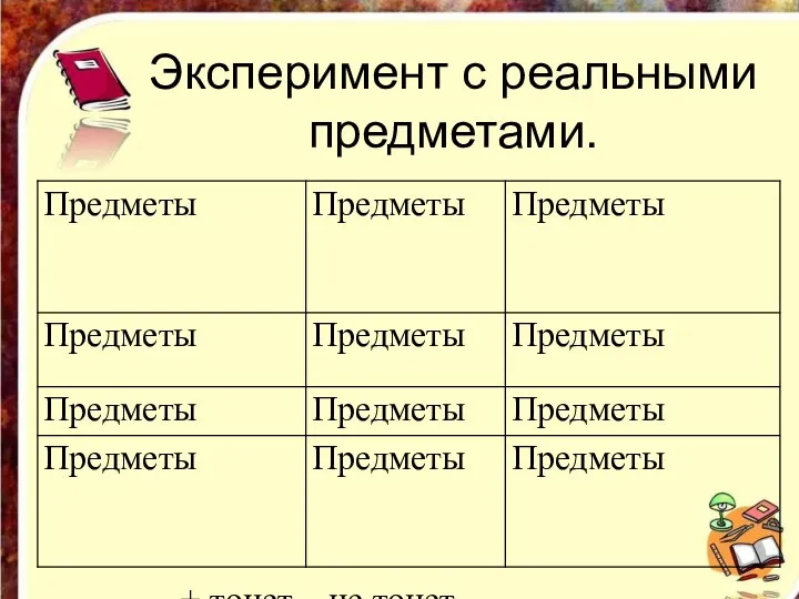 Эксперимент с реальными предметами. + тонет, - не тонет