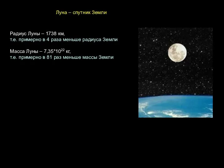 Луна – спутник Земли Радиус Луны – 1738 км, т.е. примерно в