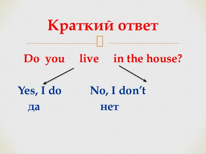 Краткий ответ Do you live in the house? Yes, I do No, I don’t да нет