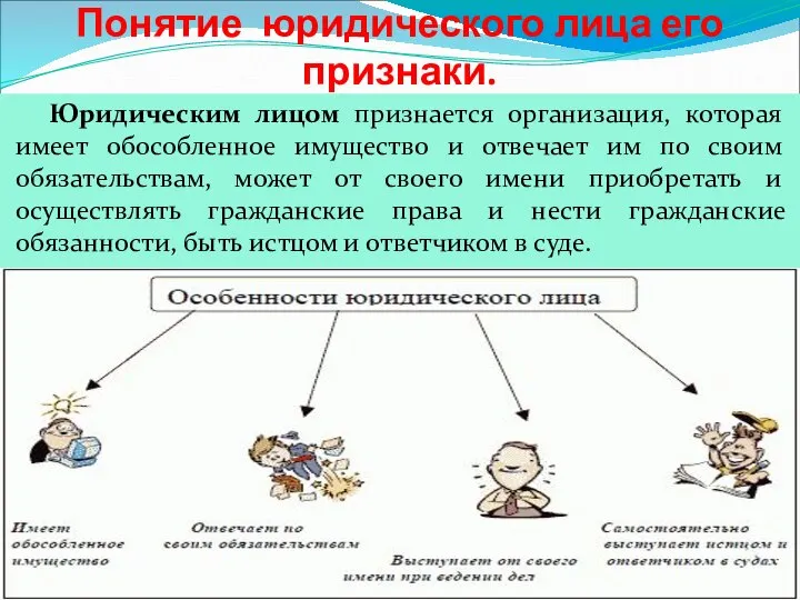 Понятие юридического лица его признаки. Юридическим лицом признается организация, которая имеет обособленное