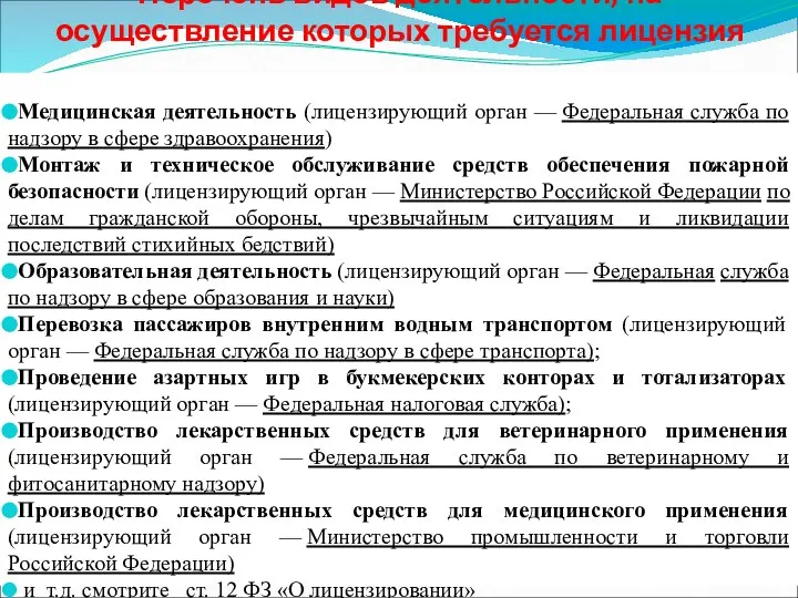 Перечень видов деятельности, на осуществление которых требуется лицензия Медицинская деятельность (лицензирующий орган