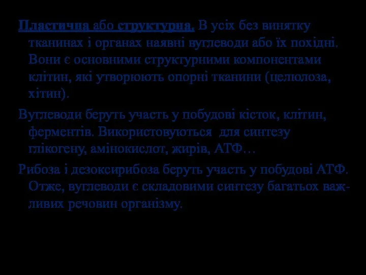 Пластична або структурна. В усіх без винятку тканинах і органах наявні вуглеводи