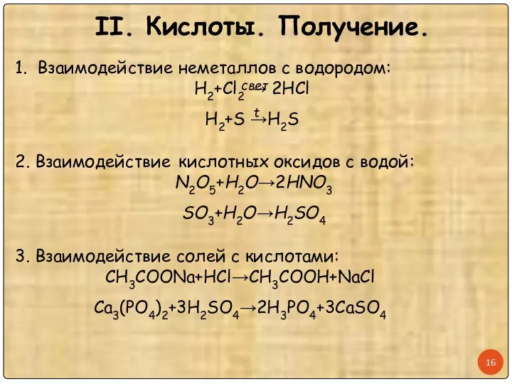 II. Кислоты. Получение. 2. Взаимодействие кислотных оксидов с водой: N2O5+H2O→2HNO3 SO3+H2O→H2SO4 3.