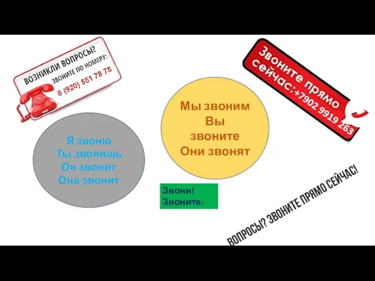 Я звоню Ты звонишь Он звонит Она звонит Мы звоним Вы звоните Они звонят Звони! Звоните!