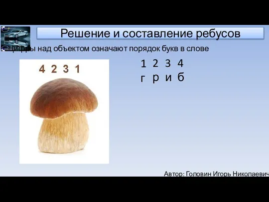 Автор: Головин Игорь Николаевич Решение и составление ребусов Цифры над объектом означают