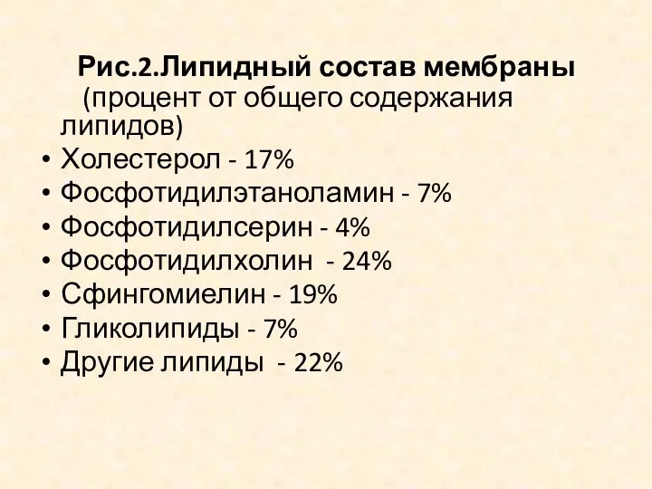 Рис.2.Липидный состав мембраны (процент от общего содержания липидов) Холестерол - 17% Фосфотидилэтаноламин