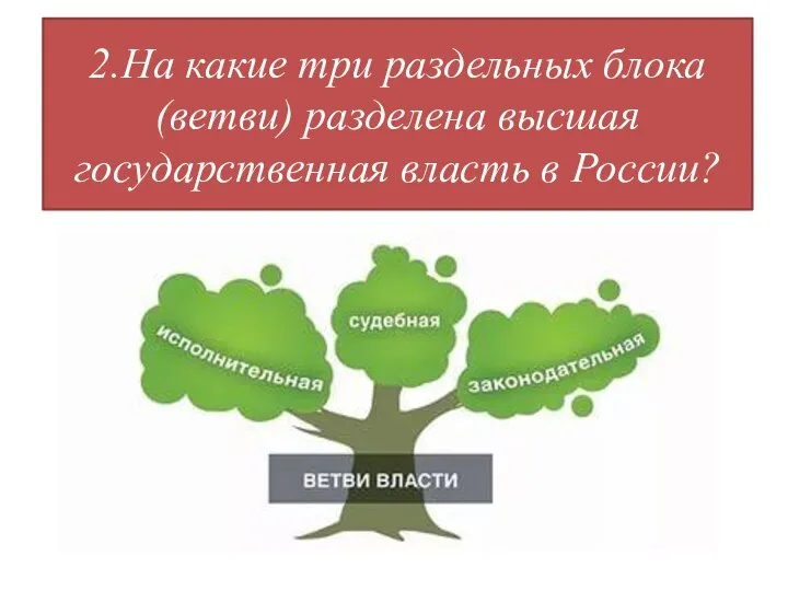 2.На какие три раздельных блока (ветви) разделена высшая государственная власть в России?