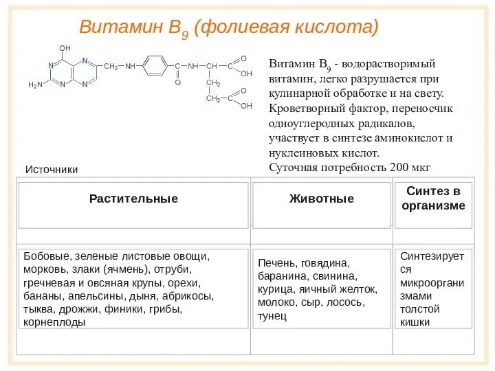 Витамин B9 (фолиевая кислота) Витамин B9 - водорастворимый витамин, легко разрушается при