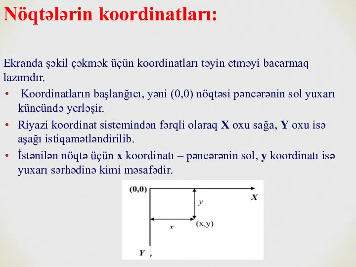 Nöqtələrin koordinatları: Ekranda şəkil çəkmək üçün koordinatları təyin etməyi bacarmaq lazımdır. Koordinatların