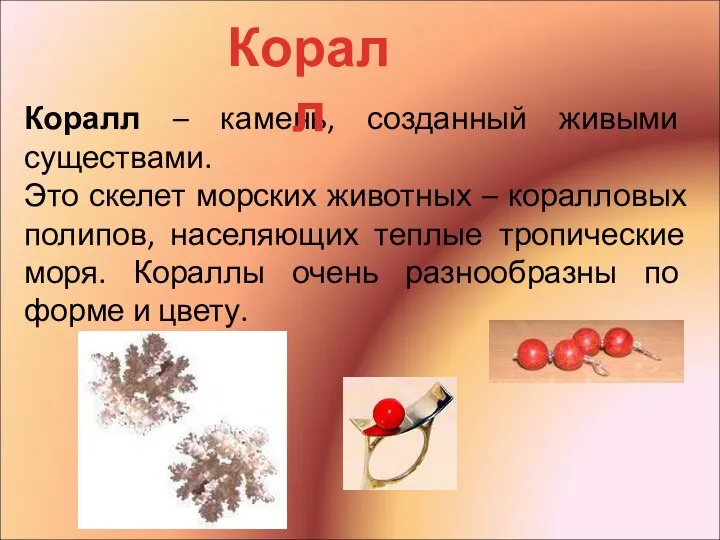 Коралл – камень, созданный живыми существами. Это скелет морских животных – коралловых