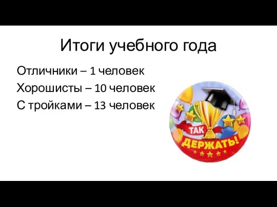 Итоги учебного года Отличники – 1 человек Хорошисты – 10 человек С тройками – 13 человек