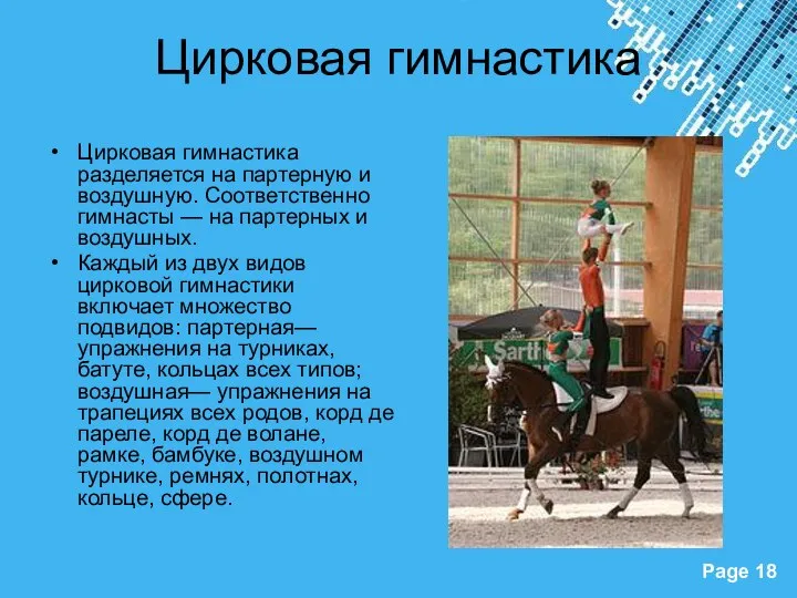 Цирковая гимнастика Цирковая гимнастика разделяется на партерную и воздушную. Соответственно гимнасты —