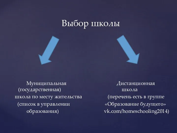 Выбор школы Муниципальная Дистанционная (государственная) школа школа по месту жительства (перечень есть