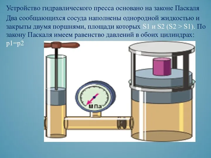 Устройство гидравлического пресса основано на законе Паскаля Два сообщающихся сосуда наполнены однородной