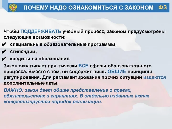 Чтобы ПОДДЕРЖИВАТЬ учебный процесс, законом предусмотрены следующие возможности: специальные образовательные программы; стипендии;