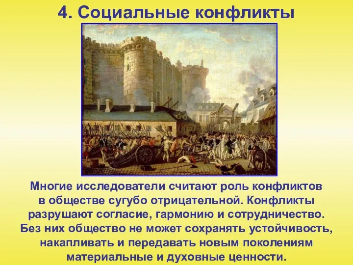 4. Социальные конфликты Многие исследователи считают роль конфликтов в обществе сугубо отрицательной.