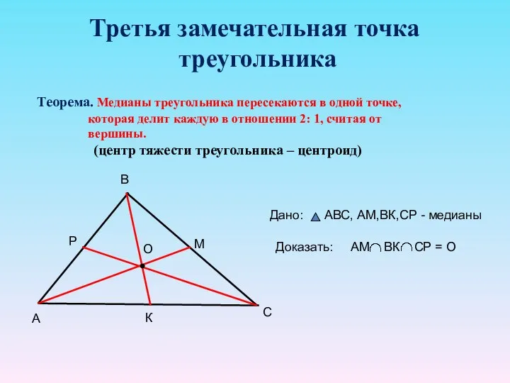 Третья замечательная точка треугольника Теорема. Медианы треугольника пересекаются в одной точке, которая