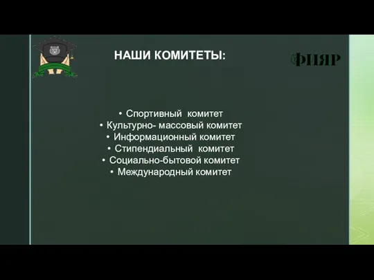 НАШИ КОМИТЕТЫ: Спортивный комитет Культурно- массовый комитет Информационный комитет Стипендиальный комитет Социально-бытовой комитет Международный комитет