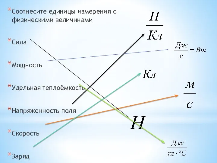 Соотнесите единицы измерения с физическими величинами Сила Мощность Удельная теплоёмкость Напряженность поля Скорость Заряд