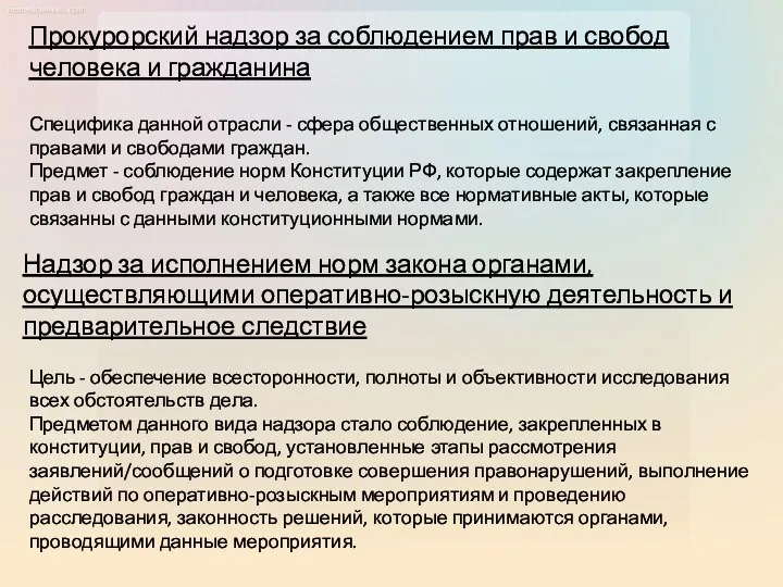 Прокурорский надзор за соблюдением прав и свобод человека и гражданина Специфика данной