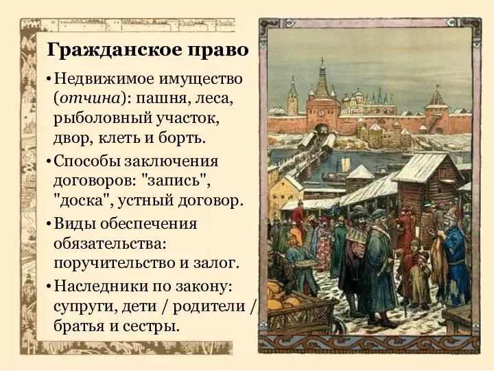 Гражданское право Недвижимое имущество (отчина): пашня, леса, рыболовный участок, двор, клеть и