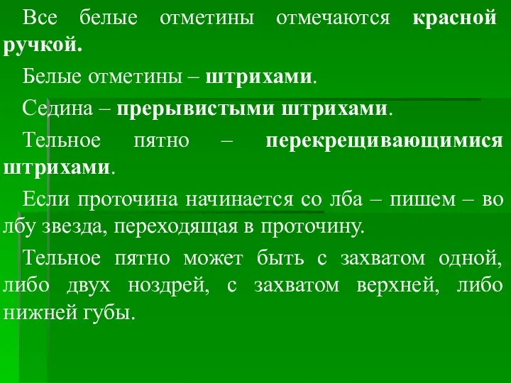 Все белые отметины отмечаются красной ручкой. Белые отметины – штрихами. Седина –