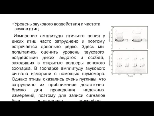 Уровень звукового воздействия и частота звуков птиц Измерение амплитуды птичьего пения у