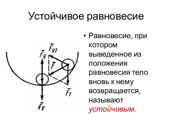 Устойчивое равновесие Равновесие, при котором выведенное из положения равновесия тело вновь к нему возвращается, называют устойчивым.