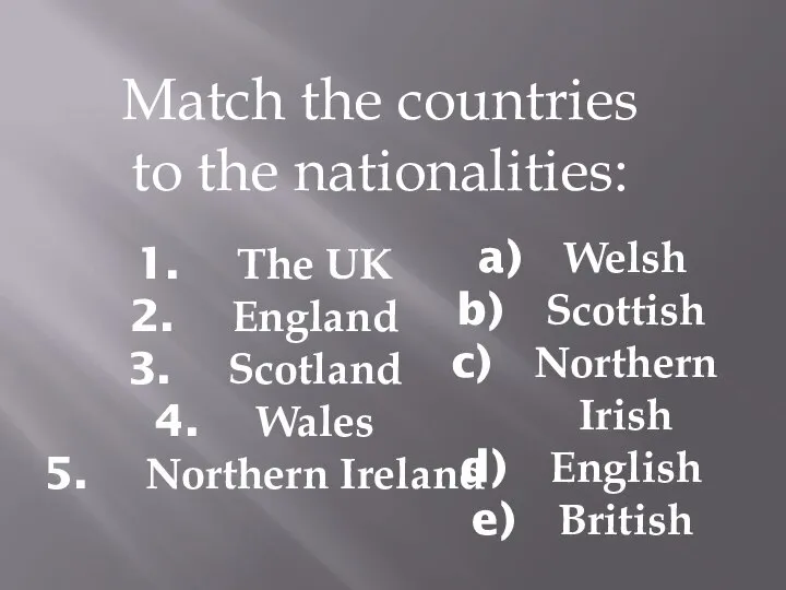 Match the countries to the nationalities: The UK England Scotland Wales Northern