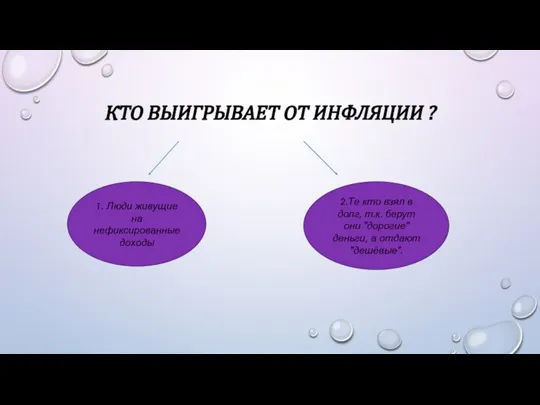 КТО ВЫИГРЫВАЕТ ОТ ИНФЛЯЦИИ ? 1. Люди живущие на нефиксированные доходы 2.Те