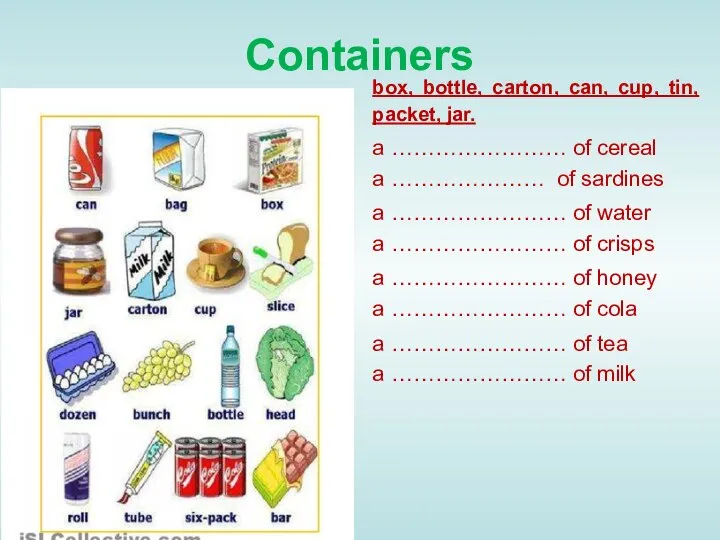 Containers box, bottle, carton, can, cup, tin, packet, jar. a …………………… of