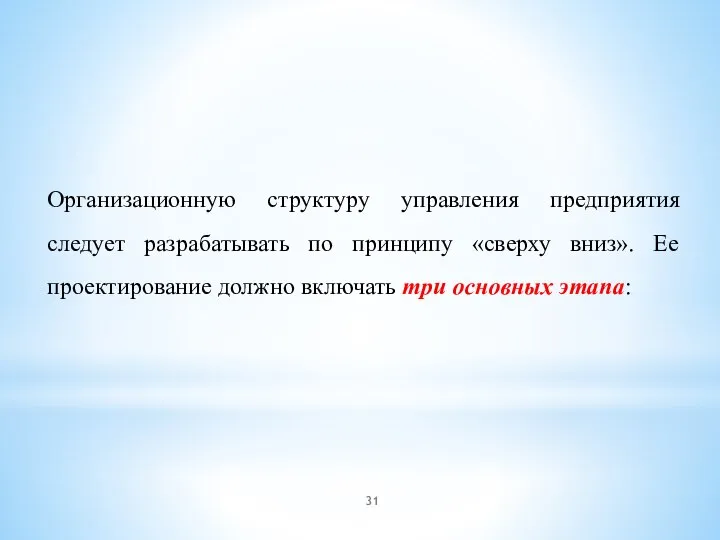 Организационную структуру управления предприятия следует разрабатывать по принципу «сверху вниз». Ее проектирование