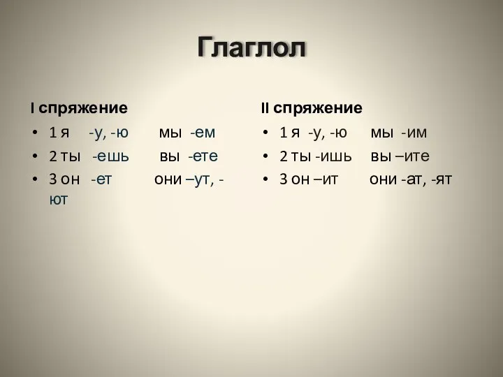 Глаглол I спряжение 1 я -у, -ю мы -ем 2 ты -ешь