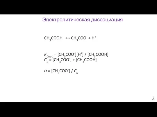 CH3COOH ↔ CH3COO- + H+ Kдисс = [CH3COO-][H+] / [CH3COOH] C0 =