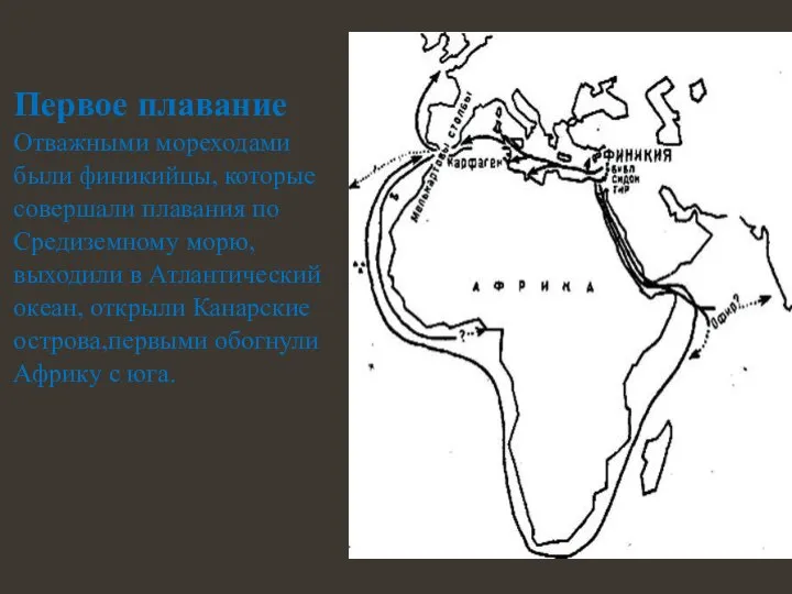 Первое плавание Отважными мореходами были финикийцы, которые совершали плавания по Средиземному морю,