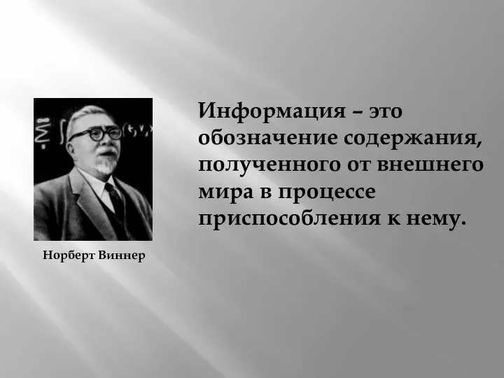 Информация – это обозначение содержания, полученного от внешнего мира в процессе приспособления к нему. Норберт Виннер