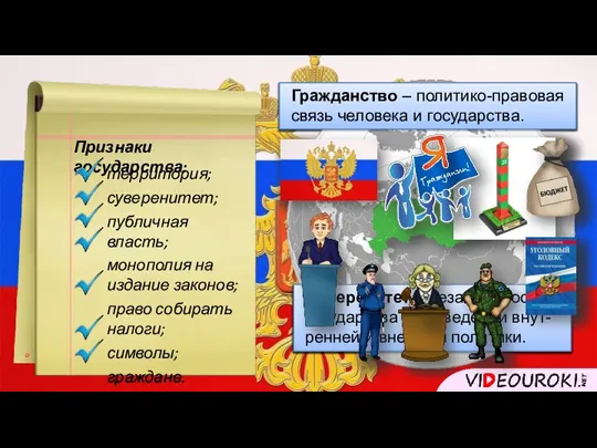 Признаки государства: территория; суверенитет; публичная власть; монополия на издание законов; право собирать