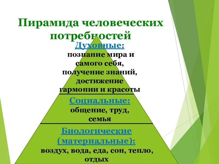 Пирамида человеческих потребностей Социальные: общение, труд, семья Духовные: познание мира и самого