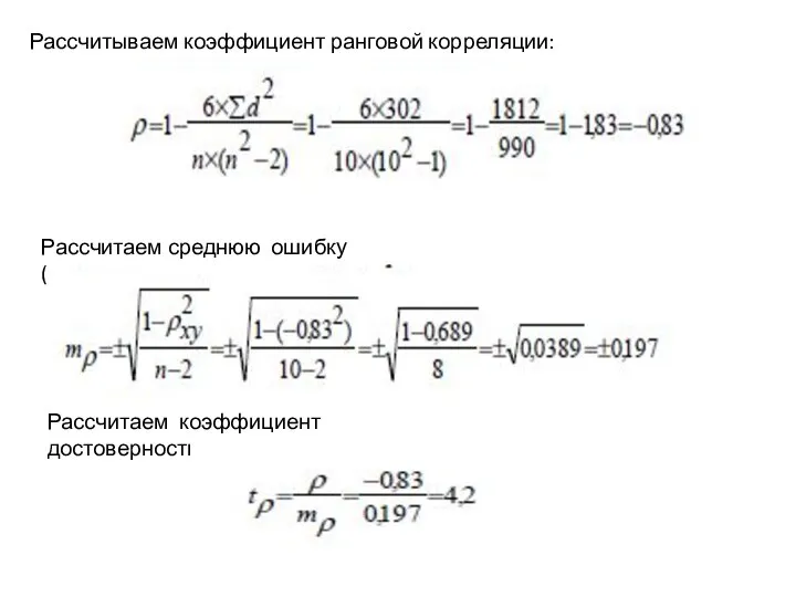 Рассчитываем коэффициент ранговой корреляции: Рассчитаем среднюю ошибку (mp): Рассчитаем коэффициент достоверности: