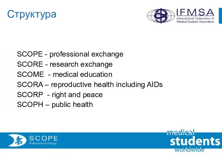 Структура SCOPE - professional exchange SCORE - research exchange SCOME - medical