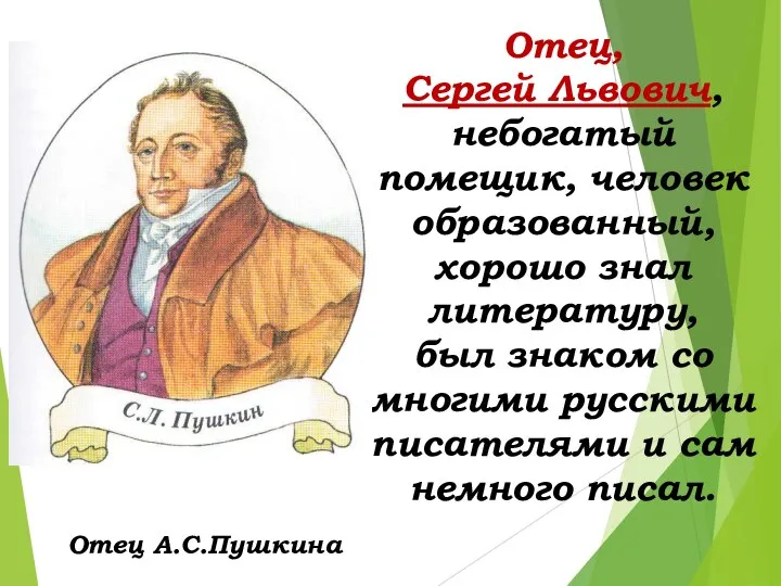 Отец, Сергей Львович, небогатый помещик, человек образованный, хорошо знал литературу, был знаком