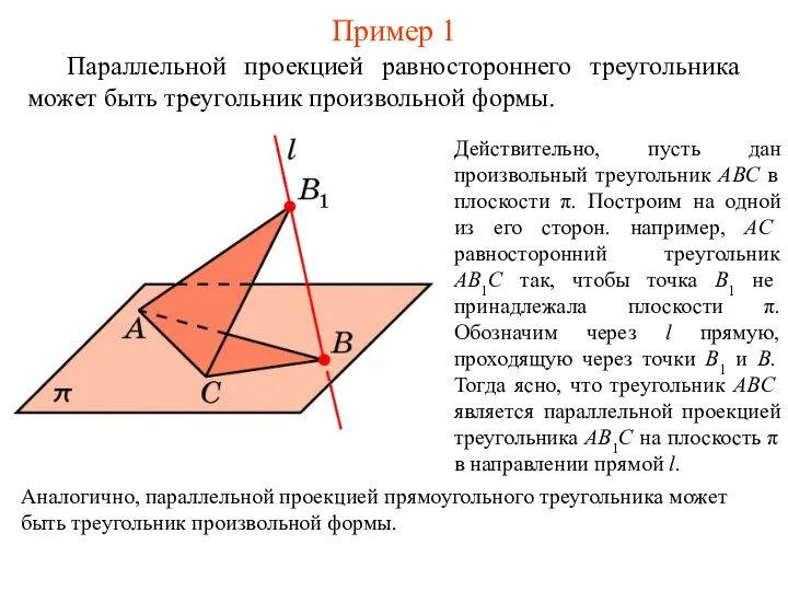 Пример 1 Параллельной проекцией равностороннего треугольника может быть треугольник произвольной формы. Действительно,