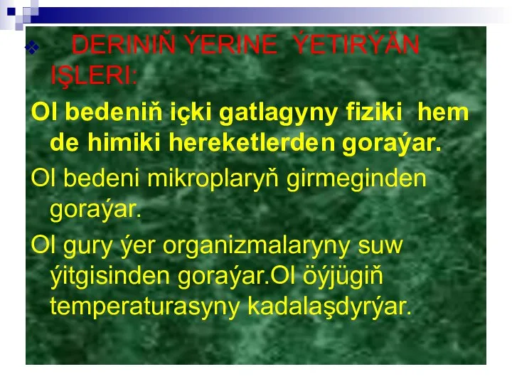 DERINIŇ ÝERINE ÝETIRÝÄN IŞLERI: Ol bedeniň içki gatlagyny fiziki hem de himiki