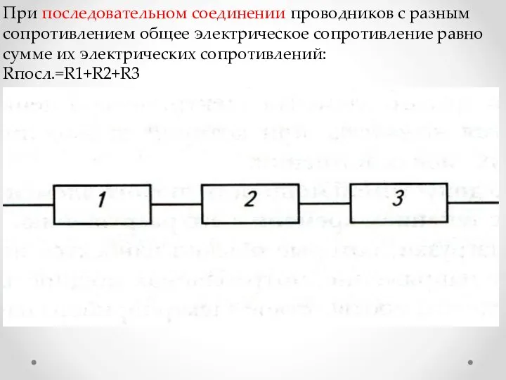 При последовательном соединении проводников с разным сопротивлением общее электрическое сопротивление равно сумме их электрических сопротивлений: Rпосл.=R1+R2+R3