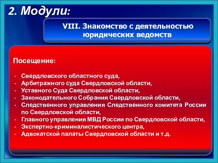 VIII. Знакомство с деятельностью юридических ведомств Посещение: Свердловского областного суда, Арбитражного суда