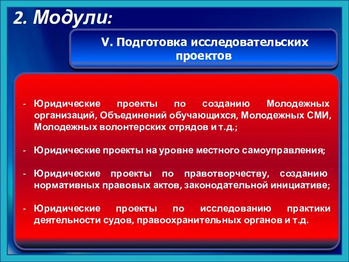 V. Подготовка исследовательских проектов Юридические проекты по созданию Молодежных организаций, Объединений обучающихся,