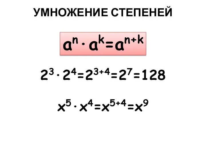 УМНОЖЕНИЕ СТЕПЕНЕЙ an·ak=an+k 23·24=23+4=27=128 x5·x4=x5+4=x9