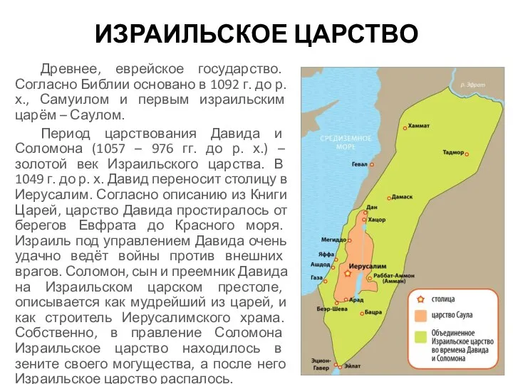 ИЗРАИЛЬСКОЕ ЦАРСТВО Древнее, еврейское государство. Согласно Библии основано в 1092 г. до