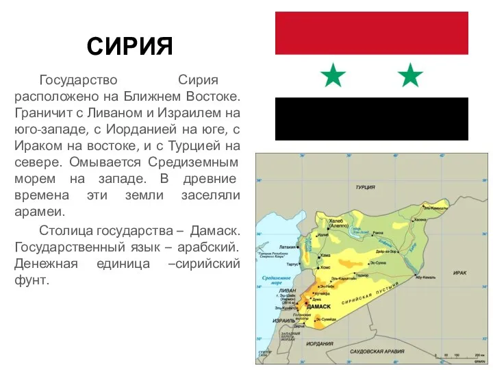 СИРИЯ Государство Сирия расположено на Ближнем Востоке. Граничит с Ливаном и Израилем
